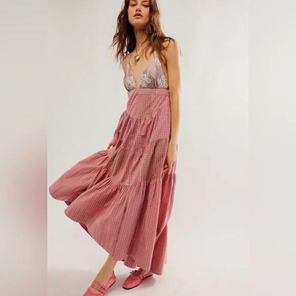 nwot FREE PEOPLE Dress M Plaid Pink Floral-Embroidery A-Line Tiered Patchwork - Picture 1 of 14
